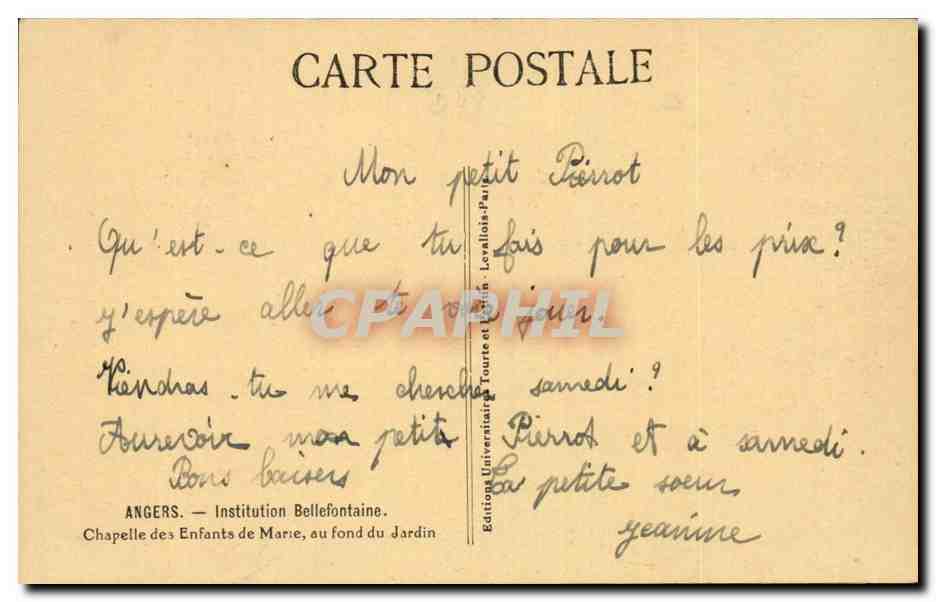 Angers CPA Institution Bellefontaine Chapelle des enfants de Marie au fond du jardin — Rückseite