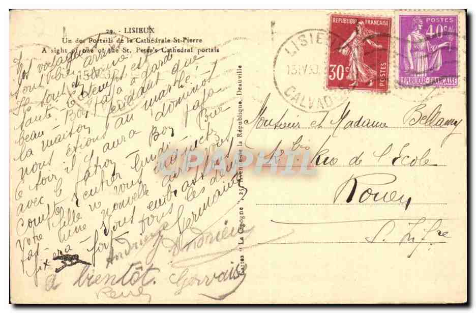 Lisieux CPA Un des portails de la cathedrale St Pierre  — Verso