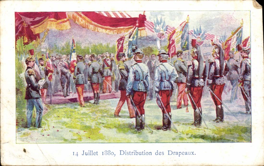 CPA FAntaisie 14 juillet 1880 Distribution des drapeaux (militaria)