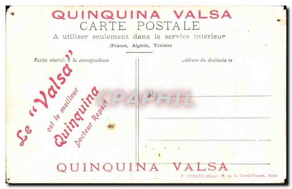 CPA FAntaisie Caquetage Femmes + pub Quinquina Valsa Docteur Ropert — Verso