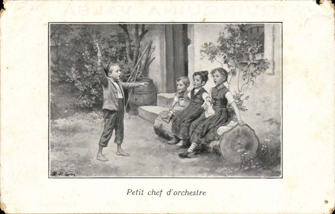 CPA FAntaisie Petit chef d'orchestre (musique) + pub Quinquina Valsa du docteur Ropert
