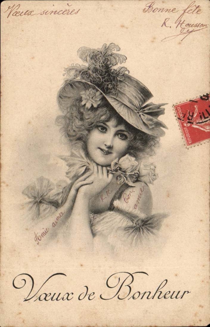 Jeune femme en chapeau orné — Vœux de Bonheur — R. Haussan, n° de série non visible