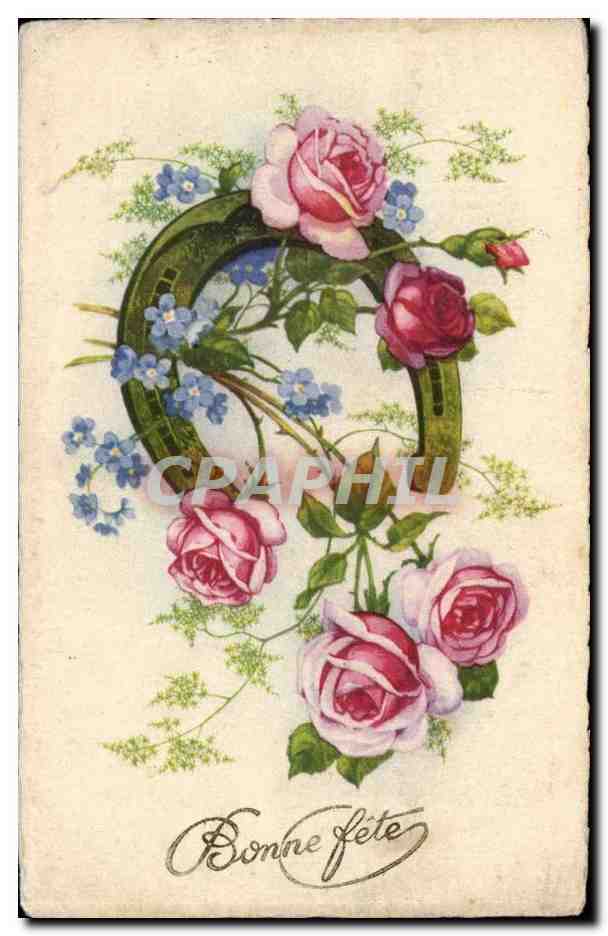 CPA FAntaisie Bonne fete Fer a cheval Fleurs