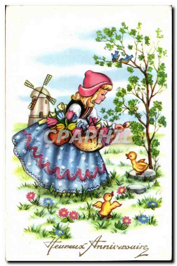 CPA FAntaisie Heureux anniversaire Chaperon rouge Poussins Moulin Mill