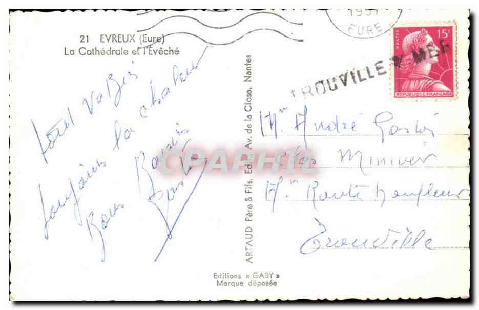 Evreux CPA La cathedrale et l'eveche (+ cachet de postier TRoUVILLE) — Rückseite