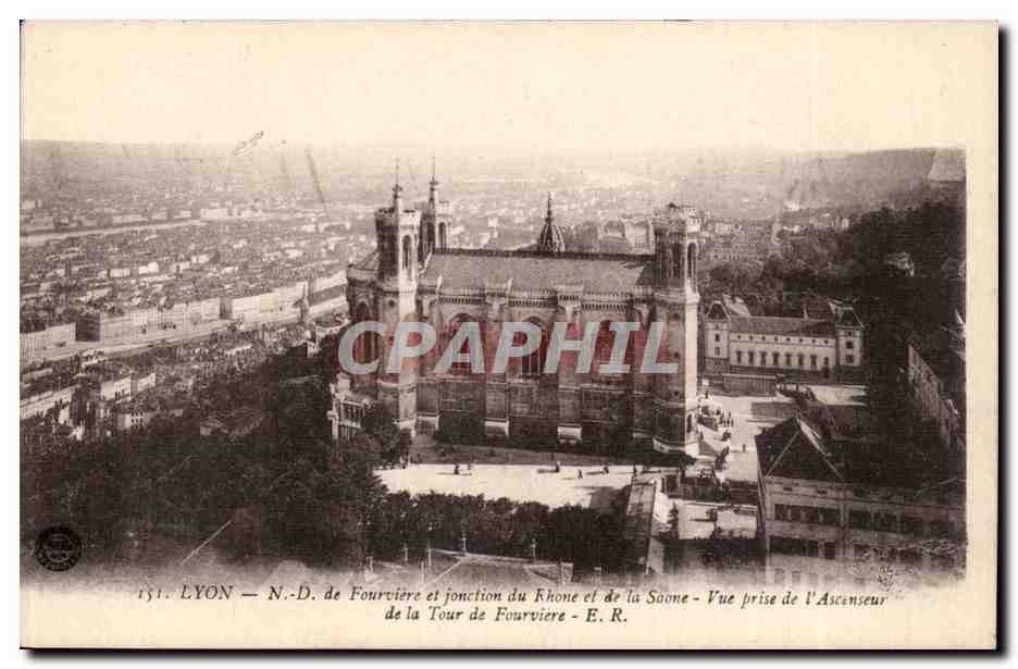 LYON — N.-D. de Fourvière and confluence of the Rhône and Saône — View taken from the Fourvière Tower Elevator — E.R.