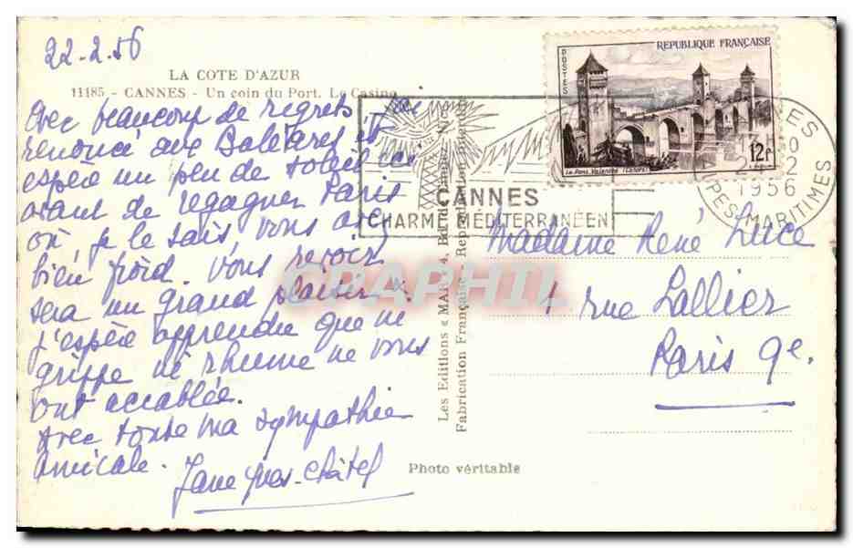 Cannes CPA Un coin du port Le casino — Rückseite