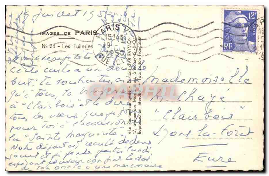 Paris CPA Les Tuileries — Verso
