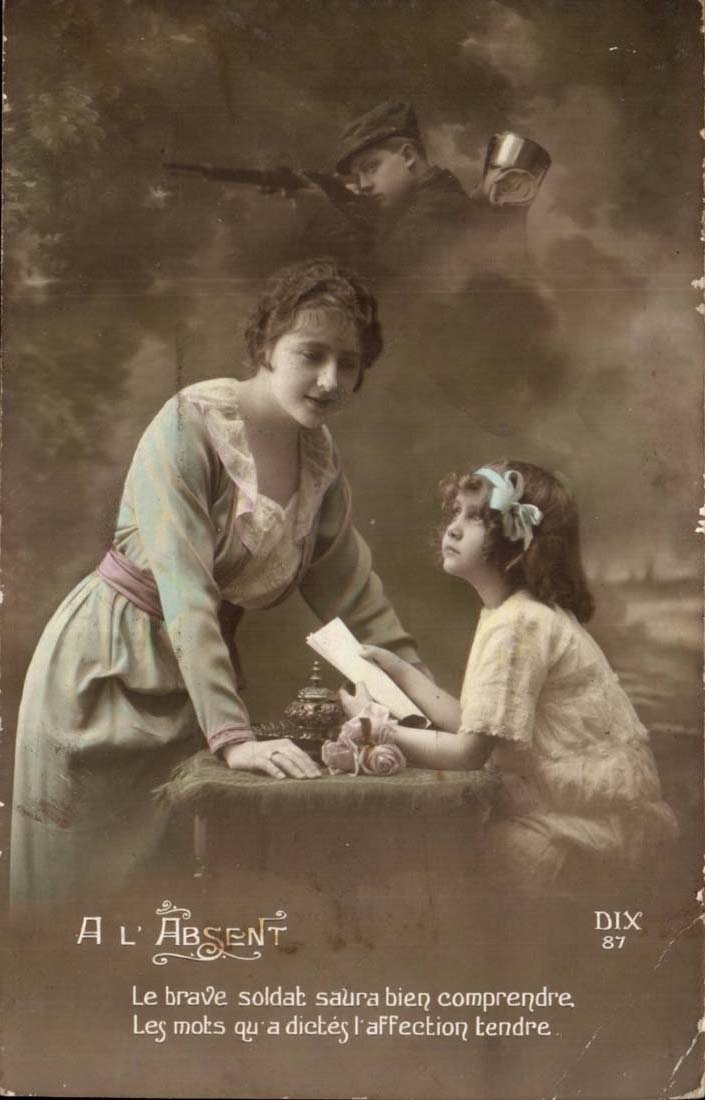 Fantaisie - L'Absent - militaria - Mother and daughter writing to solder child - CPA 