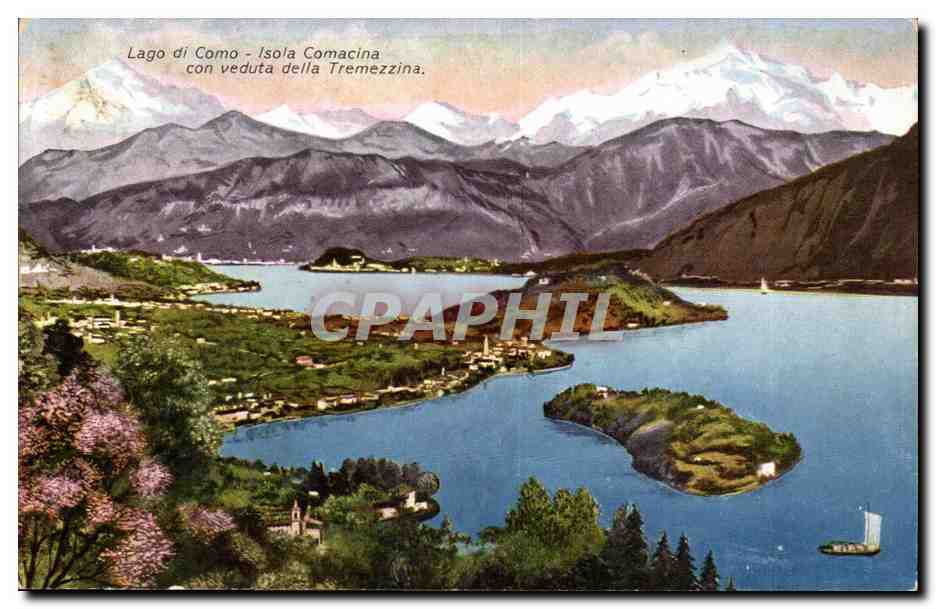 Lago di Como - Isola Comacina con verduta della Tremmezzina - CPA 