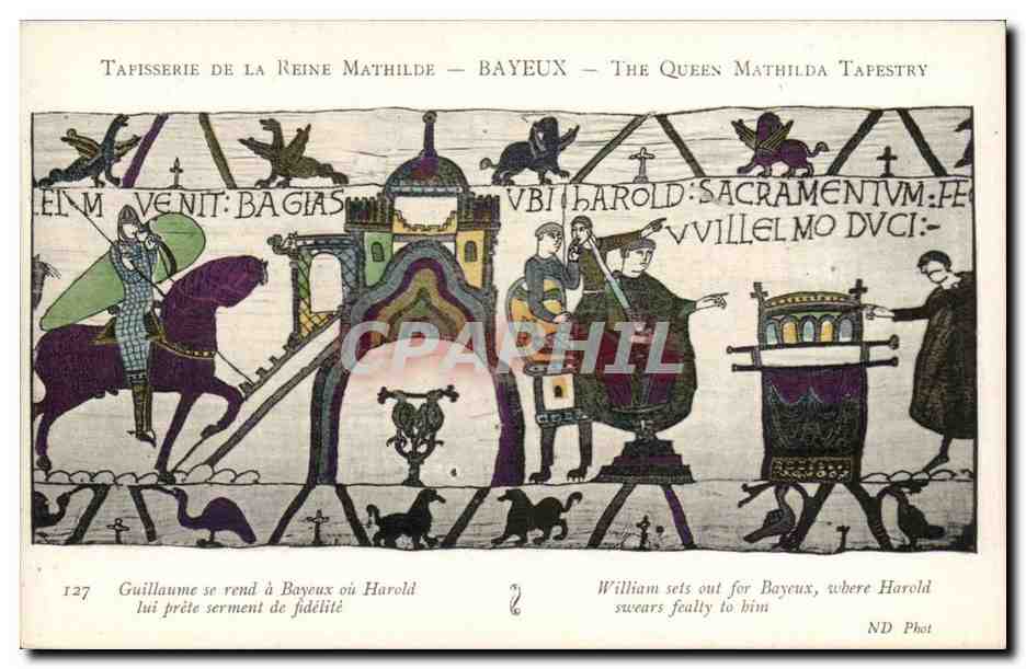 Tapisserie de la Reine Mathilde — Bayeux — scène de Guillaume se rendant à Bayeux où Harold lui prête serment de fidélité — ND Phot