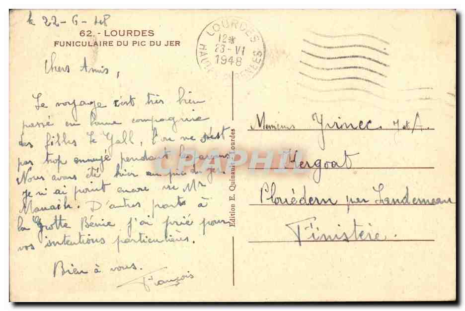 Lourdes - Funiculaire du Pic du Jer - CPA  — Verso