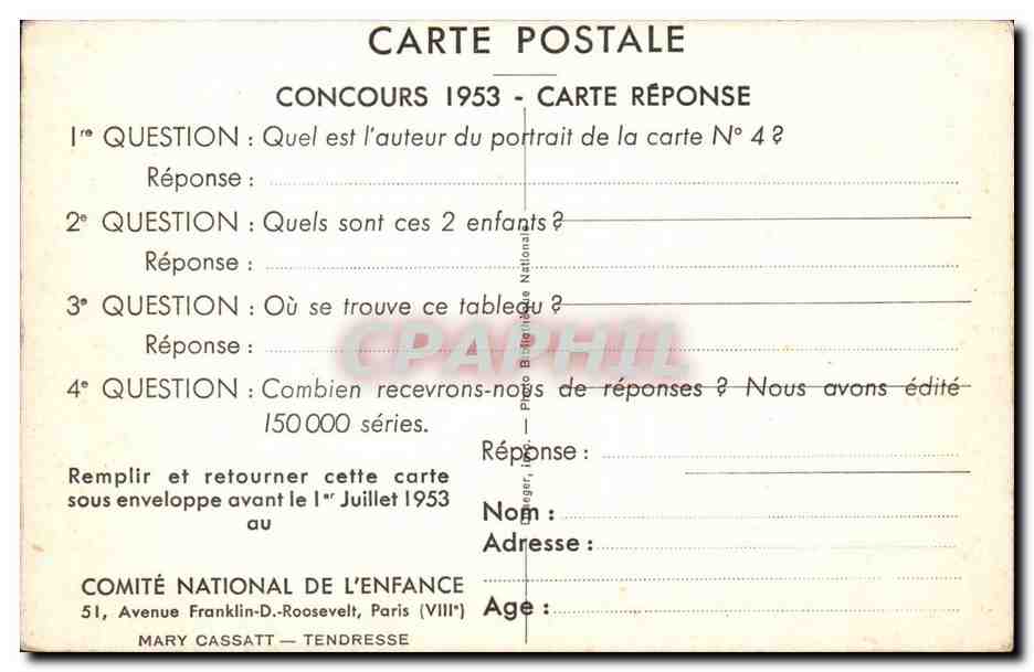 Mary Cassatt - Tendresse Concours 1953 Carte Reponse - CPA  — Verso