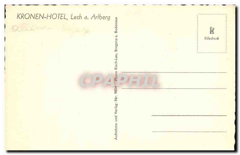 Kronen Hotel Lech Arlberg 1450 m - CPA  — Rückseite