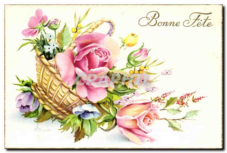Bouquet de roses et fleurs dans un panier — Bonne Fête — Imprimerie Univers