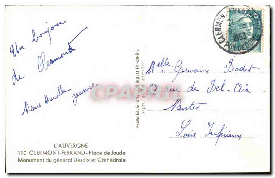 Clermont Ferrand Place de jaude Monument de General Desoix et Cathedrale - CPA  — Verso