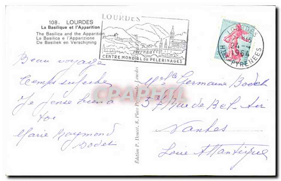 Lourdes - La Basilique et l'Apparition - CPA  — Verso
