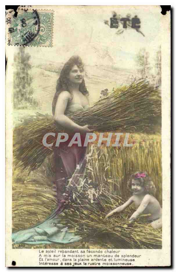 Fantaisie - Femme - Ete Le Soleil repandant sa feconde chaleur - paille CPA 