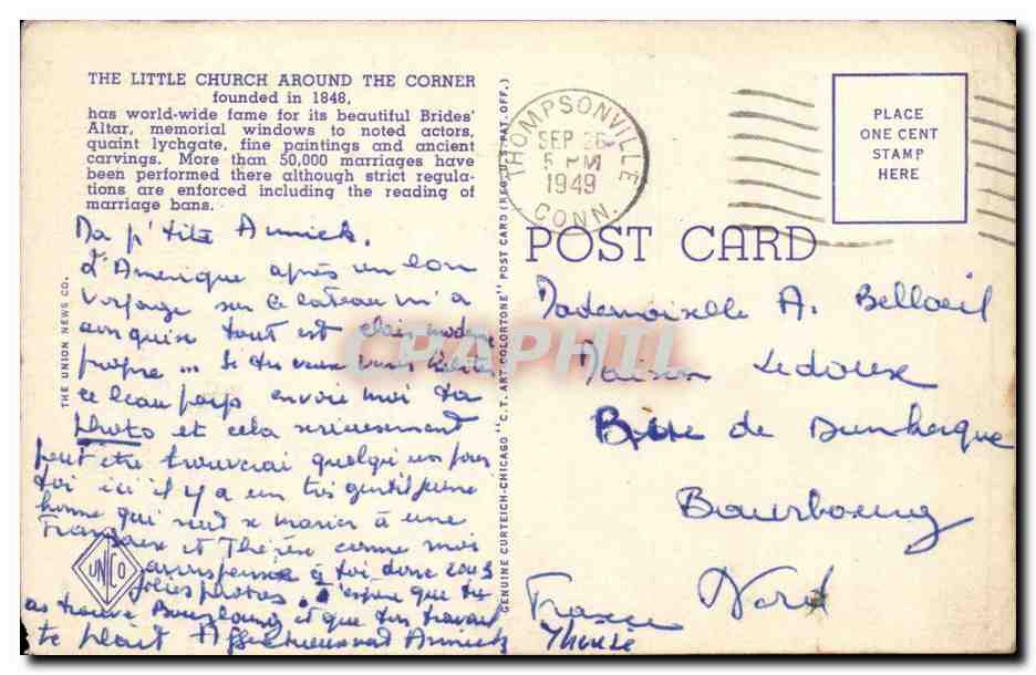 Etas Unis - USA - Little Church Around the Corner New York City - handstamp 1949 - CPA  — Rückseite