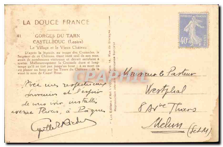 La Douce France - Gorges du Tarn Castelbouc Le Village et le Vieux Chateau - CPA  — Rückseite