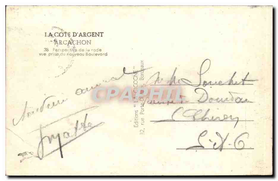 La Côte d'Argent Arcachon — Perspective de la rade vue prise du nouveau boulevard — Éditions 'La Côte d'Argent' Arcachon — Verso