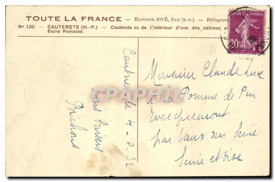 Cauterets — Bains Romains — Éditions JOVÉ, Pau (B.P.) — N° 120 — Verso