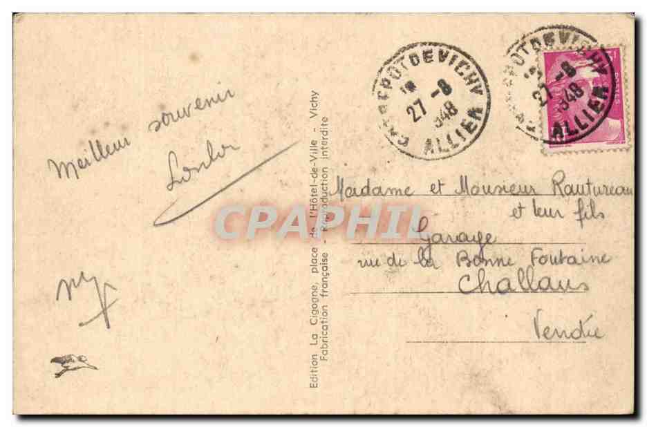 Vichy — Le Bassin des Cygnes et les Flamants — La Cigogne, 536 bis — Verso