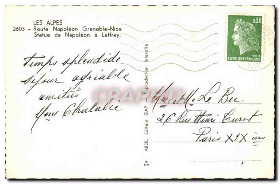 Statue de Napoléon à Laffrey — Les Alpes — Éditeur ABEIL, n° 2603 — Verso