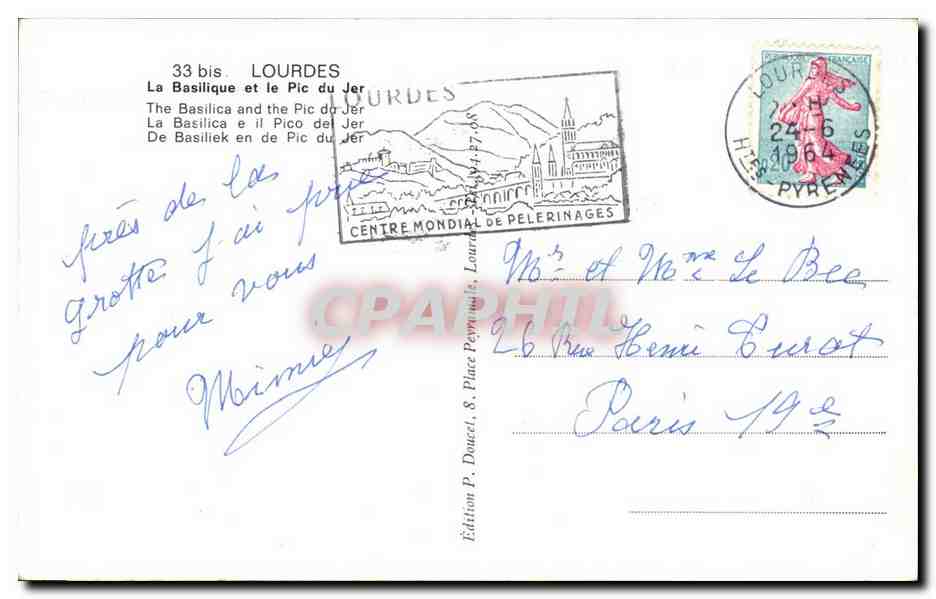 Lourdes - La Basilique et le Pic du Jer - CPA  — Verso