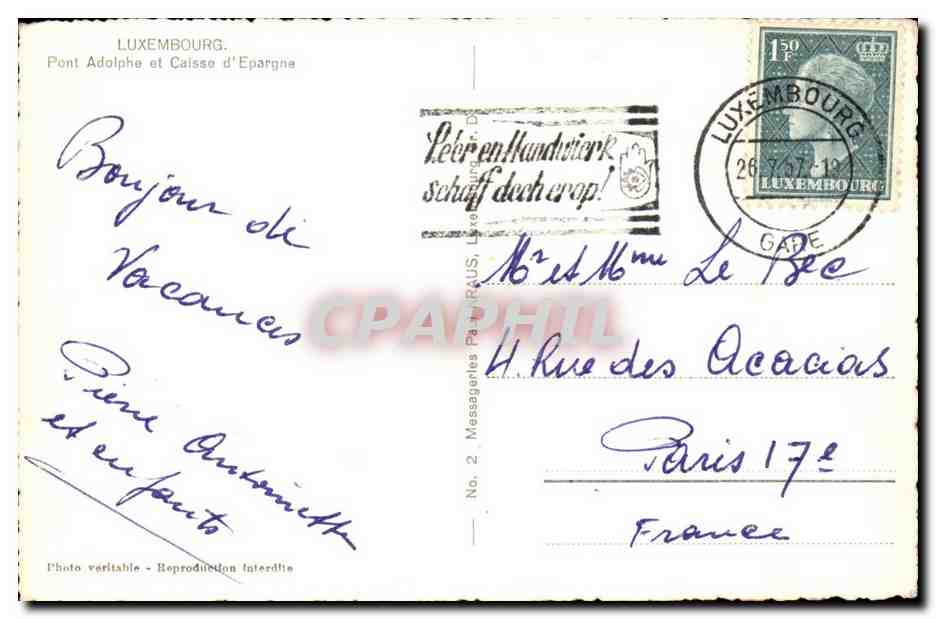 Luxembourg - Pont Aldolpha et Caisse d'Europe - CPA  — Verso