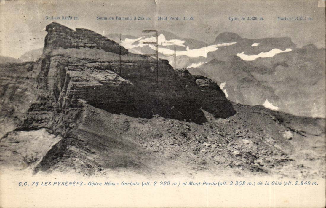 Les Pyrénées - Gédre Héas - Gerbats (alt. 2.220 m) et Mont-Perdu (alt. 3.352 m) de la Géla (alt. 2.849 m) — C.C. 76