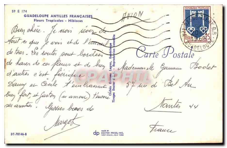 Fleurs Tropicales - Hibiscus — Guadeloupe Antilles Françaises — éditeur DEXTER PRESS, INC. n° 59 E 174 — Reverso