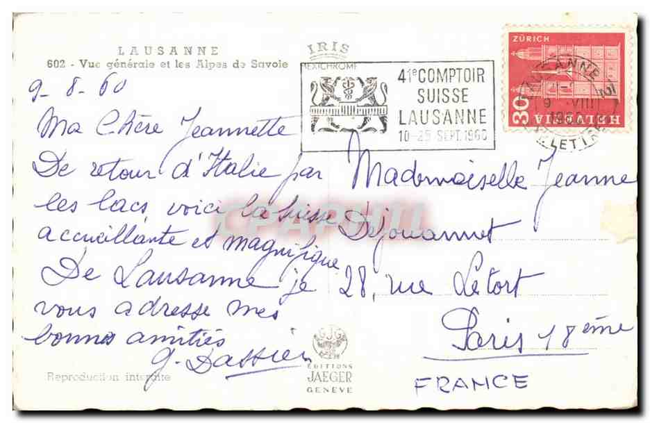 Lausanne - Vue Generale et les Alpes de Savoie - CPA  — Rückseite