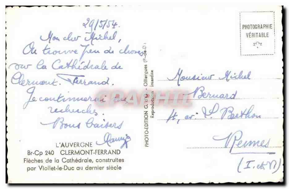 Cathédrale de Clermont-Ferrand — Flèches du XIXe siècle — Photo-Édition G. D'O. — Verso