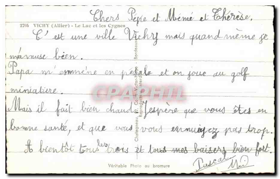 Vichy (Allier) — Le Lac et les Cygnes — Éditeur Elcé, n° 2784 — Verso