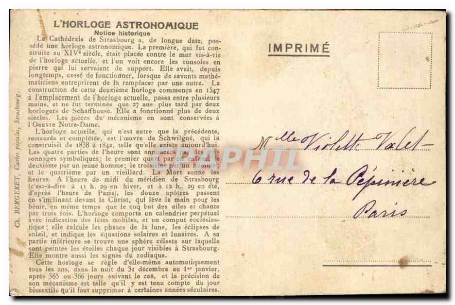 CARTE A SYSTEME CPA Strasbourh Horloge astronomique RaRe — Rückseite