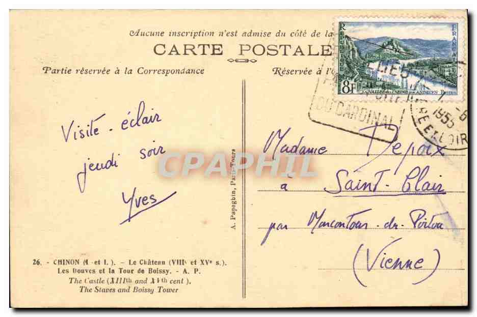 Chinon CPA Le chateau Les douves et la Tour de Boissy — Rückseite