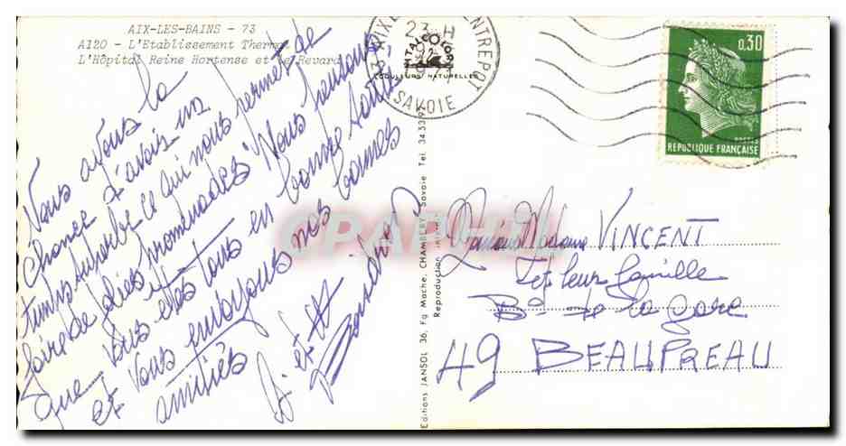 Hôtel Gratiâne — Aix-les-Bains — Éditeur : Éditions de la Poste — Verso