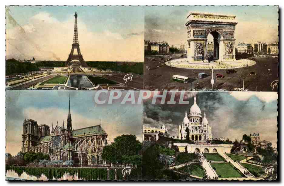 Paris CPM La Tour Eiffel l'arc de triomphe de l'etoile La cathedrale Notre DAme basiliue du Sacre Coeur Montmartre