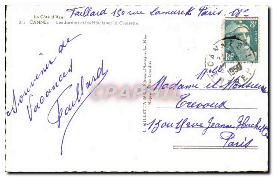 Cannes CPA Les jardins et les hotels de la croisette — Verso
