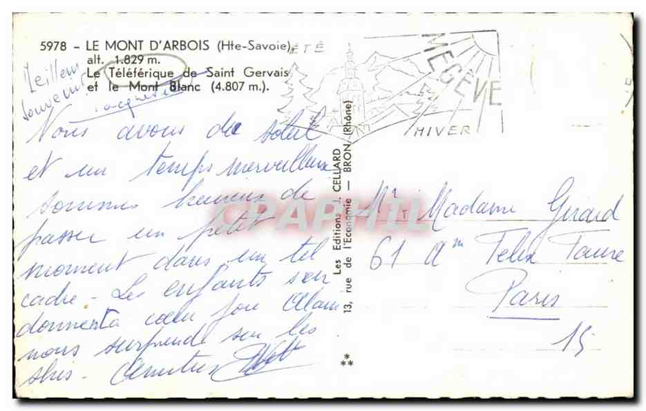 Le Mont d'Arbois — Le Téléphérique de Saint Gervais et le Mont Blanc — Éditions J. Cellard — Verso