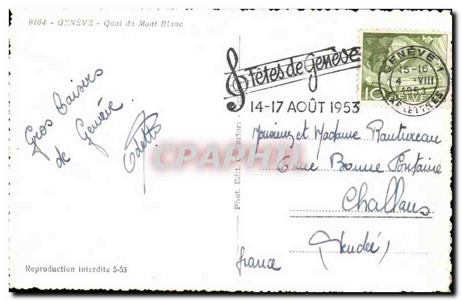 Suisse CPA Geneve Quai du Mont Blanc — Verso