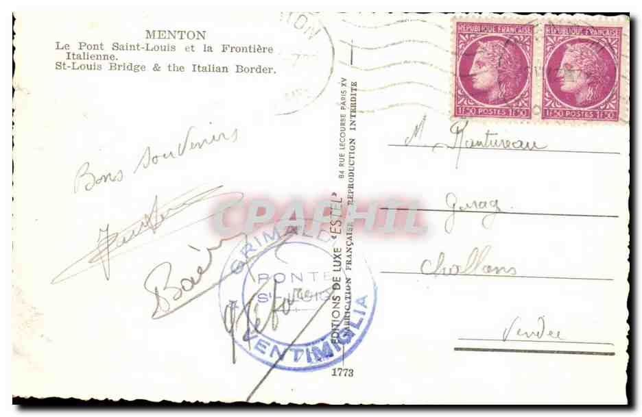 Menton CPA Le pont Saint Louis et la frontiere italienne  — Rückseite