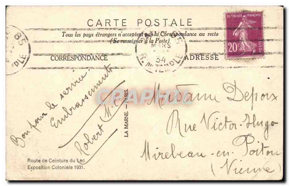 La Terrasse P Beillard CPA Route de ceinture du lac Exposition coloniale 1931 — Rückseite