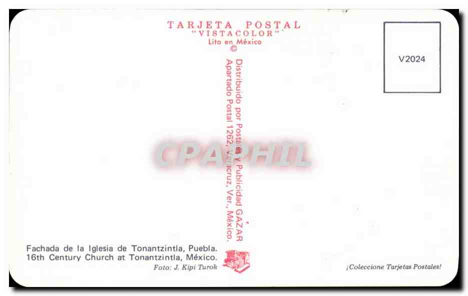 Fassade der Kirche von Tonantzintla, Puebla — 16. Jahrhundert — Ansichtskarte 'Vistacolor' Nr. V2024 — Rückseite