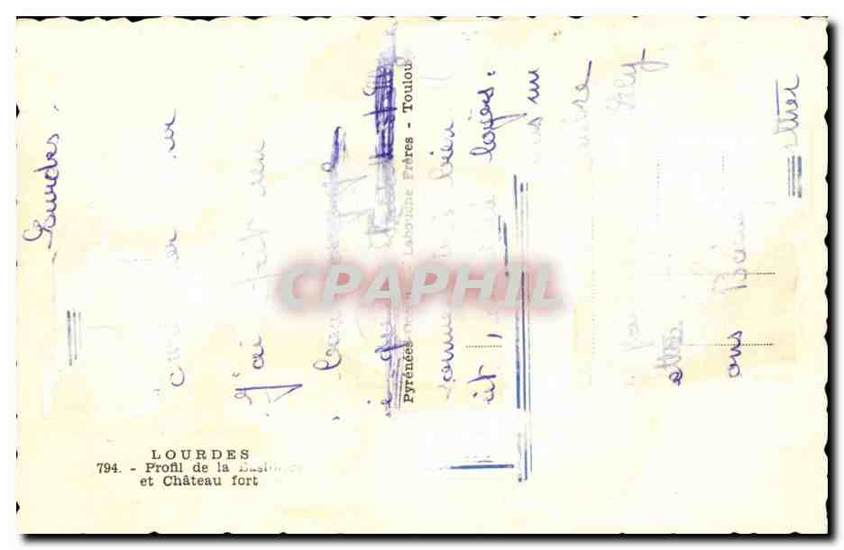 Lourdes CPM Profil de la basilique et chateau fort — Verso