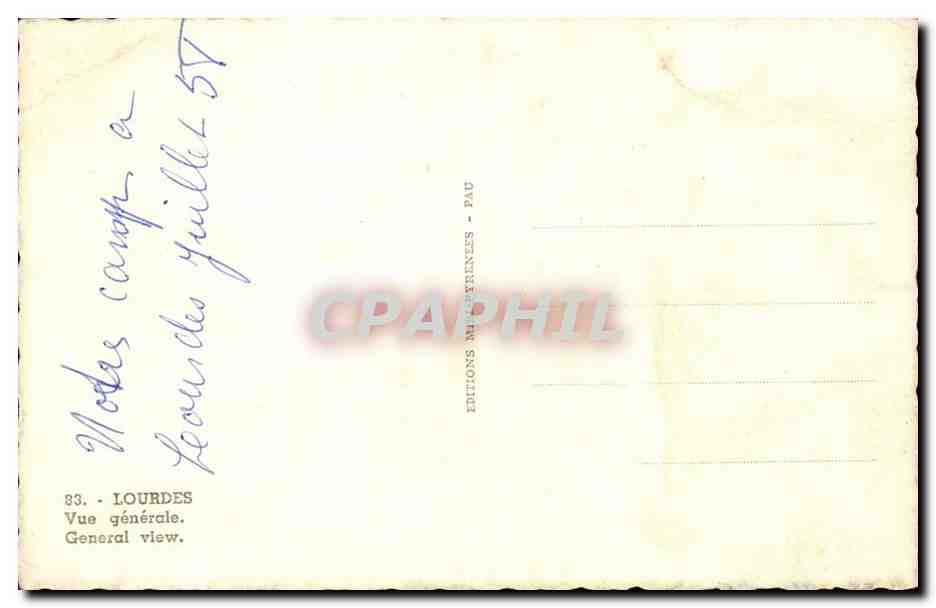 Lourdes — Vue générale — Éditions Mairéennes - Pau, n°83 — Verso