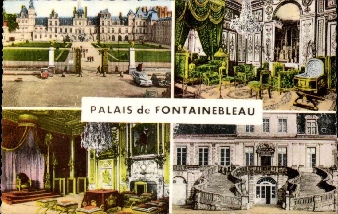 Palais de Fontainebleau — vue panoramique, intérieurs et escalier — éditeur Ménard