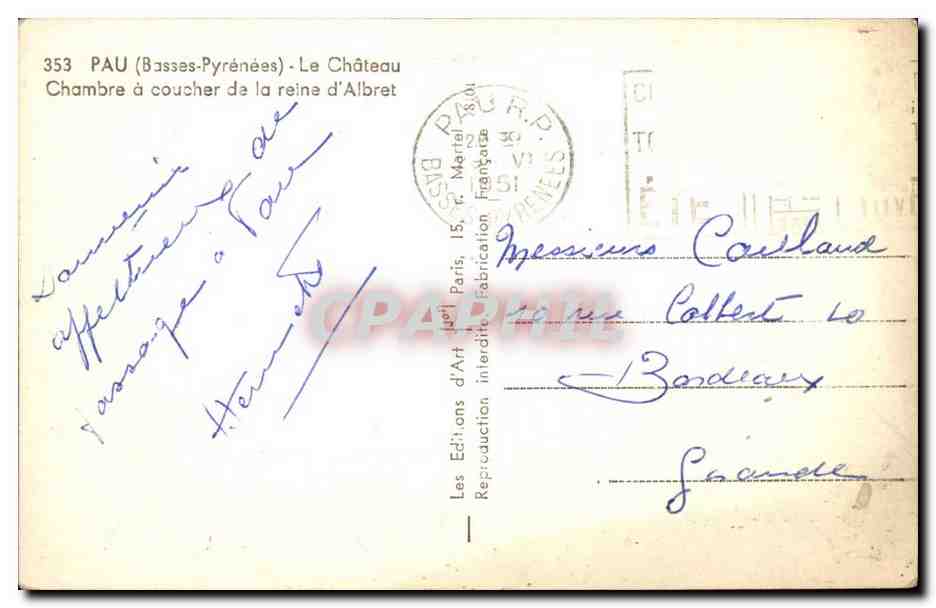 Chambre à coucher de la reine d'Albret — Le Château d'Albret — Les Éditions d'Art, Paris — Verso