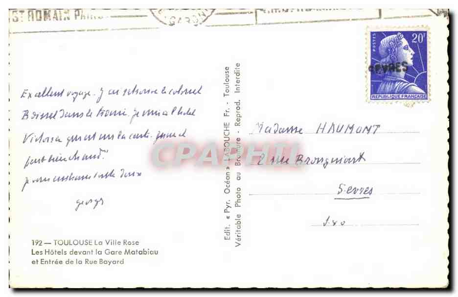 Toulouse CPA La ville rose Les hotels devant la gare Matabiau et entree de la rue Bayard (+ cachet de postier SEVReS) — Rückseite